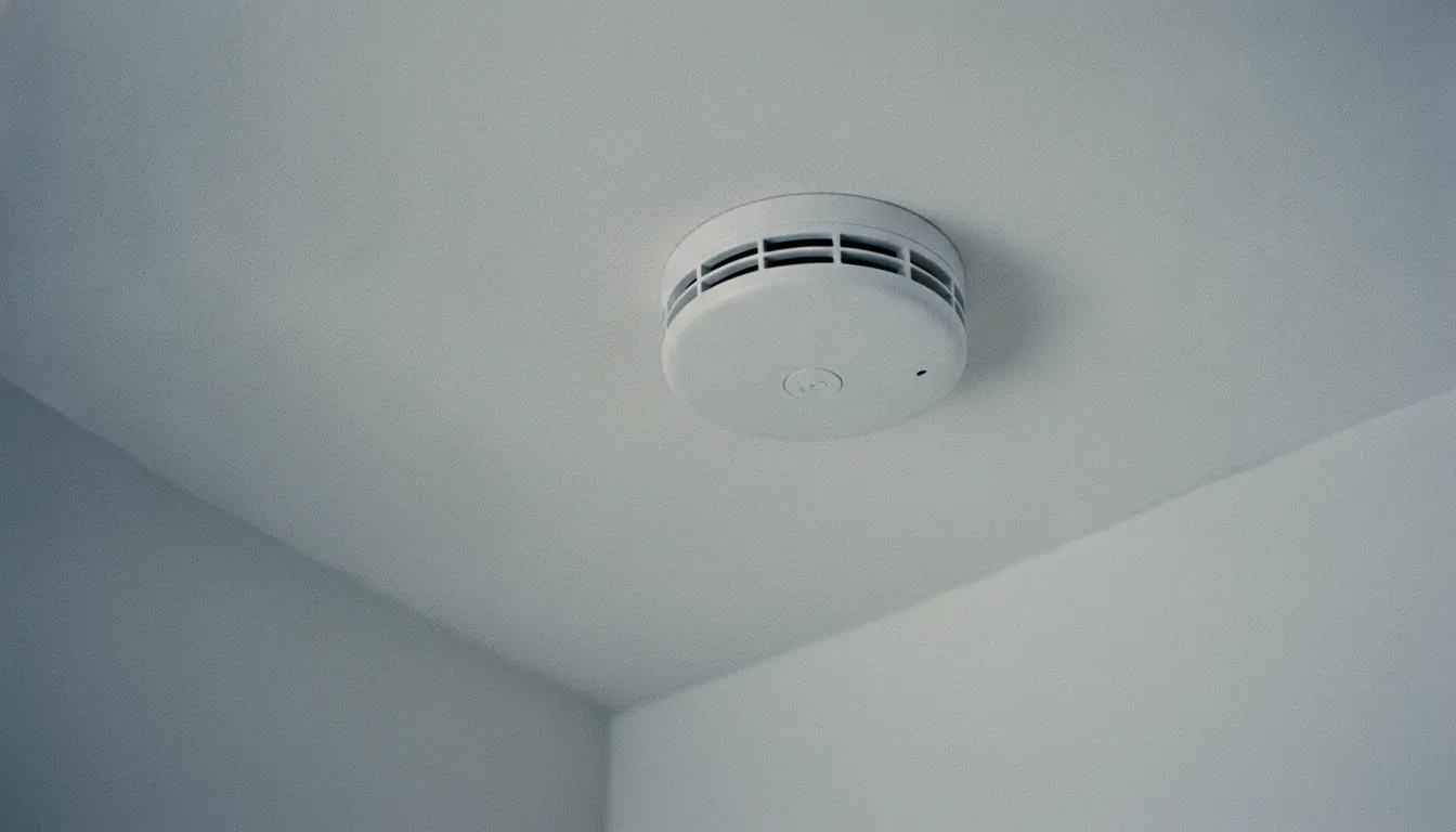 Détecteur de fumée blanc monté au plafond d'un logement, vu en contre-plongée.