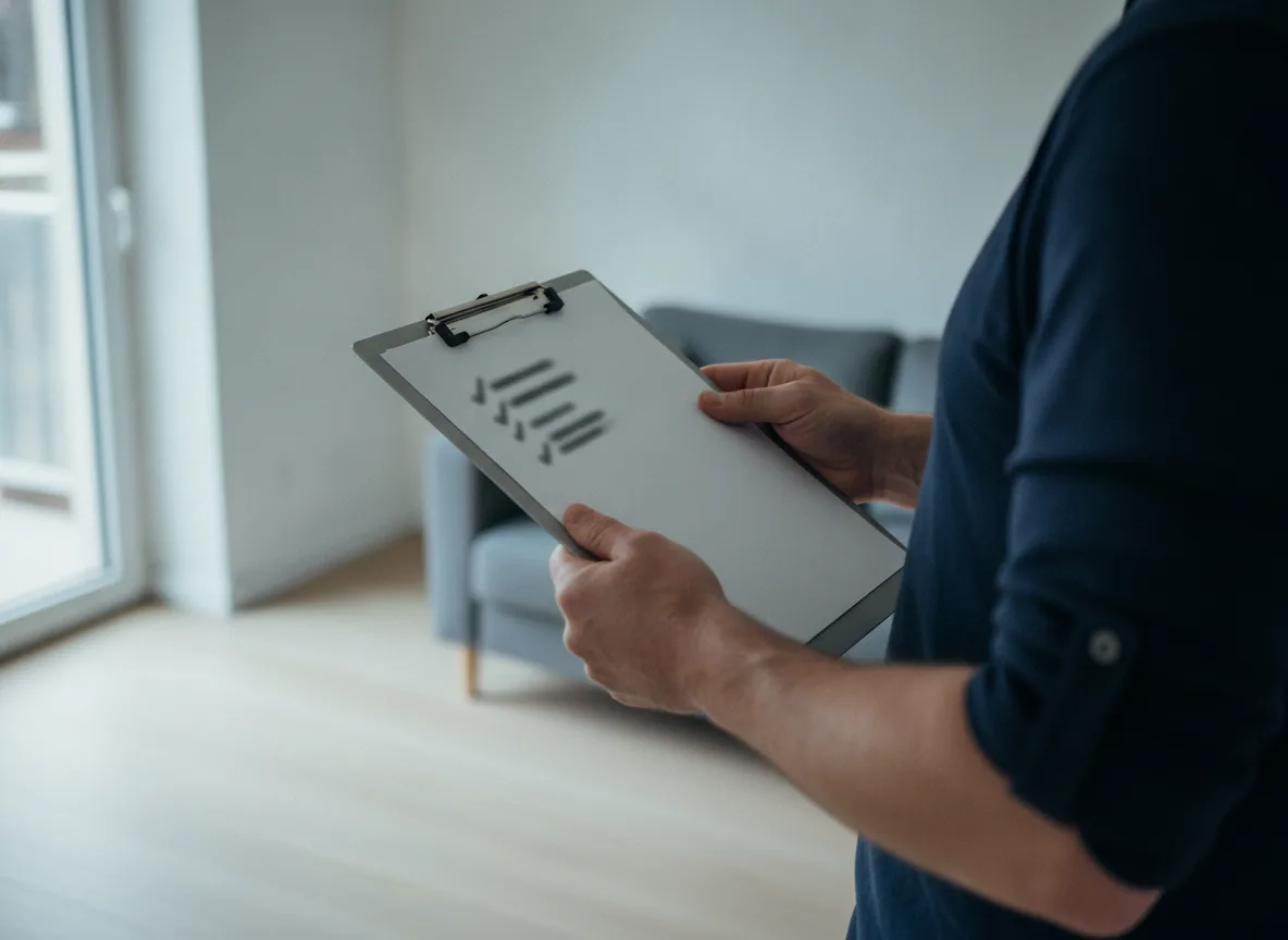 Mains tenant un porte-bloc avec une liste de contrôle cochée dans un salon clair.