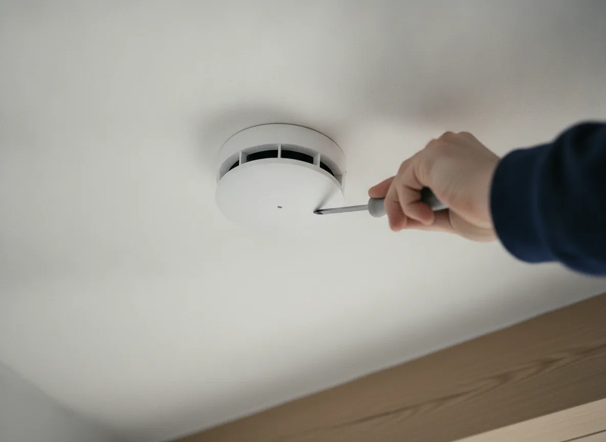 Pose d'un détecteur de fumée blanc au plafond avec un tournevis, en lumière naturelle.