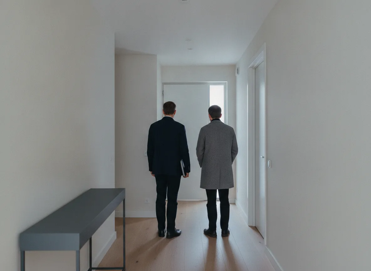 Deux personnes de dos dans l'entrée d'un appartement, l'une tenant un dossier.