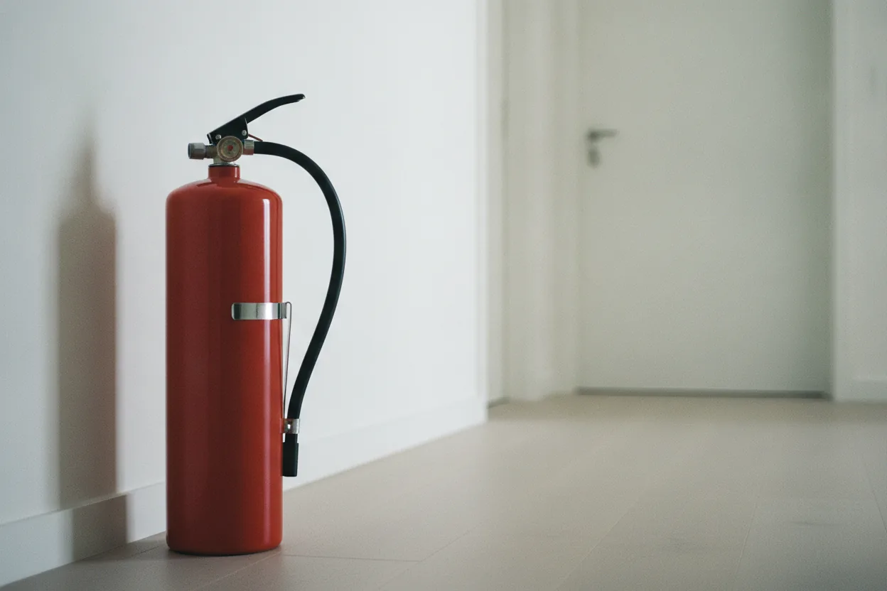 Extincteur rouge posé dans un couloir clair d'appartement, ambiance sobre.