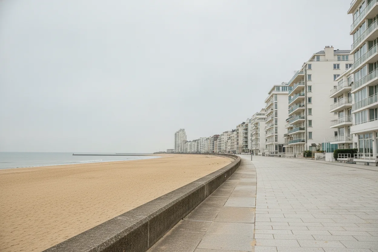 Digue de type ostendais bordée d'immeubles à appartements, décor de la réglementation location de vacances à Ostende en 2026